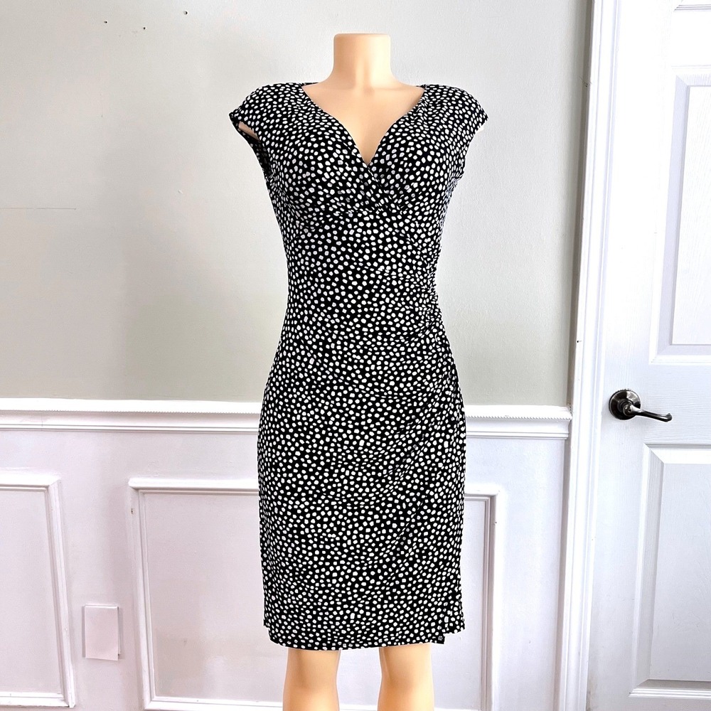 Lauren Ralph Lauren Sheath Dress Womens 4 Ruched Faux Wrap Black White Polka Dot